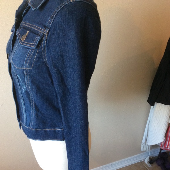 L.e.i. Dark Blue Distressed Jean Jacket Juniors Size S, NWT - Picture 3 of 16